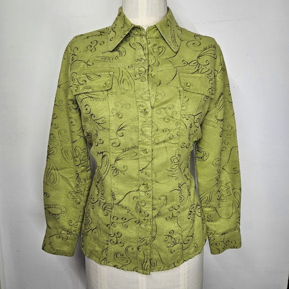 Chico's Tops - Chico's Size 1/M Shirt Shacket Button Down Floral Embroidered Green Microfiber